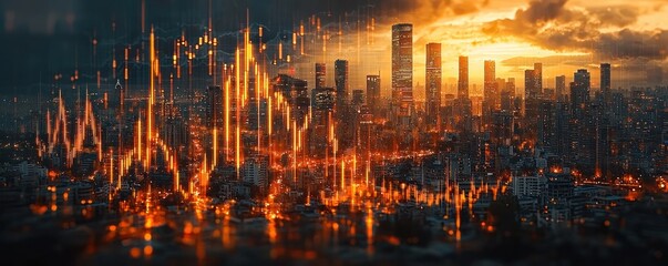 Fiery cityscape at sunset, with dynamic graph overlays suggesting financial volatility or crisis