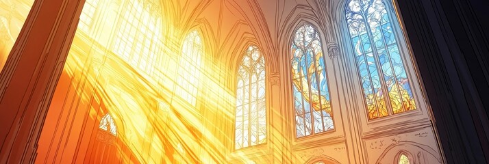 Light streams through stained glass gothic windows.