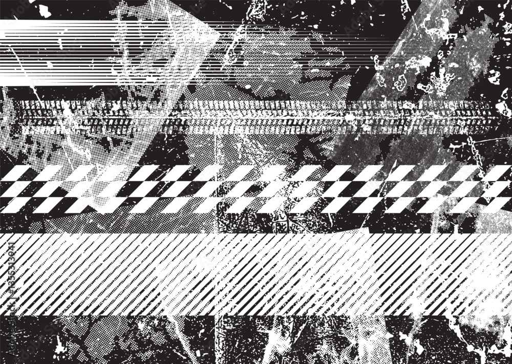 Aufkleber Glitch distorted grunge layer . Noise destroyed texture. Checkered race grunge flag . Overlay grunge texture .Distressed effect .Vector shapes with a speed lines and tire tracks screen print texture.