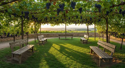 Obraz premium Relaxing Grape Arbor Garden with Wooden Benches and Evening Light