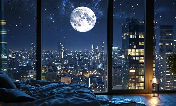 Cozy bedroom window overlooking a cityscape under the full moon at night.  
