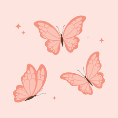 Fototapeta premium A delicate and elegant illustration of three pastel pink butterflies with soft details and decorative sparkles. Perfect for feminine designs, nature themes, stationery, and digital art projects.