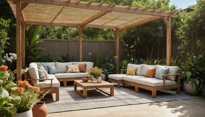 Fototapeta premium Relaxing Outdoor Patio with Wooden Pergola, Seating, and Garden Plants