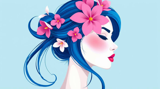 ustration featuring a stylized profile of a woman's face with a serene expression. Her skin is a soft, pale tone, and her long, flowing hair is a gradient of blue shades, 