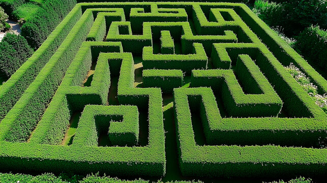 Vista a&eacute;rea de laberinto de setos verdes en jard&iacute;n al aire libre