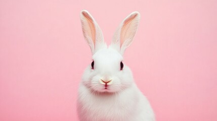 Obraz premium Photo of a little bunny, on a soft pink background Easter theme