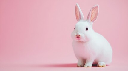 Fototapeta premium Photo of a little bunny, on a soft pink background Easter theme