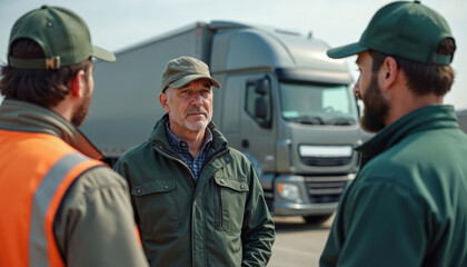 Logistics manager talks to truck drivers at distribution center. Team discuss work, delivery, logistics, supply chain. Truck, vehicle in background. Business transportation concept.
