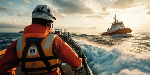 A rescue crew member navigates the choppy waters during an operation at sea. The image highlights teamwork and bravery. Perfect for marine or safety-related themes. AI