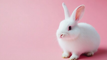 Obraz premium Photo of a little bunny, on a soft pink background Easter theme