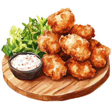 Watercolor Conch Fritters with Sauce and Greens on Wooden Board