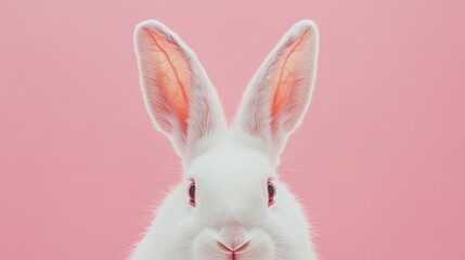 Obraz premium Photo of a little bunny, on a soft pink background Easter theme