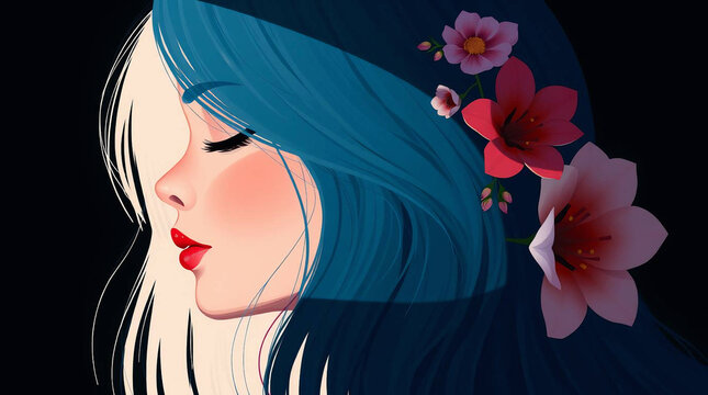 ustration featuring a stylized profile of a woman's face with a serene expression. Her skin is a soft, pale tone, and her long, flowing hair is a gradient of blue shades, 