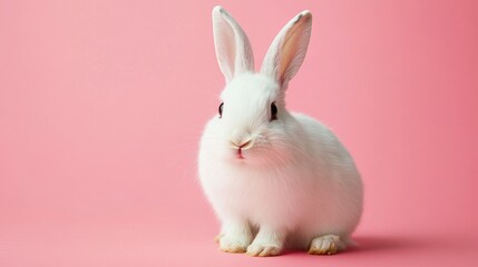 Obraz premium Photo of a little bunny, on a soft pink background Easter theme