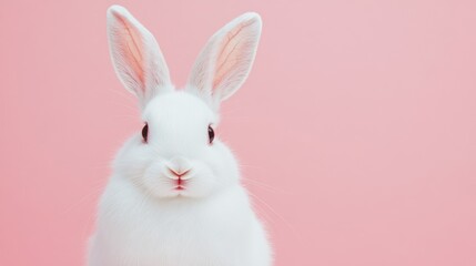 Obraz premium Photo of a little bunny, on a soft pink background Easter theme