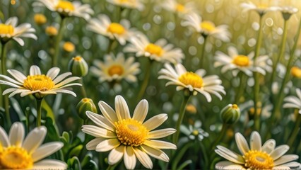 Fototapeta premium Buttercup-yellow daisies with misty diffusion, honey-toned highlights, blurred field effect for cheerful spring-themed patterns.