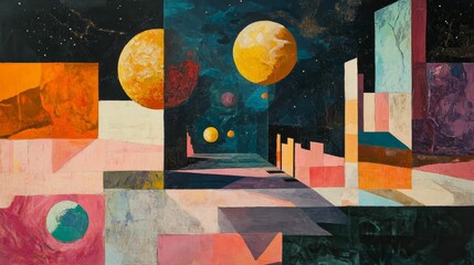 Colorful geometric planets hover above surreal cityscape.