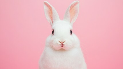 Obraz premium Photo of a little bunny, on a soft pink background Easter theme
