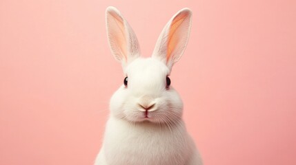 Obraz premium Photo of a little bunny, on a soft pink background Easter theme