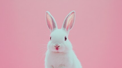 Obraz premium Photo of a little bunny, on a soft pink background Easter theme