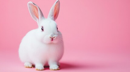 Photo of a little bunny, on a soft pink background Easter theme