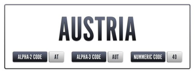 Austria. Illustration with ISO 3166-1 Country Code.  ISO Alpha-2, Alpha-3 and Numeric code. Two three letters and numbers.