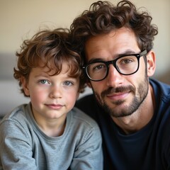 Father with glasses, young son looking into camera. Expressions reflect calm intimacy. Family portrait, indoor, bond, togetherness, love, tenderness. Fatherhood, parenting, home life. Casual attire,