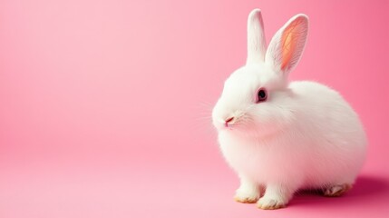 Obraz premium Photo of a little bunny, on a soft pink background Easter theme