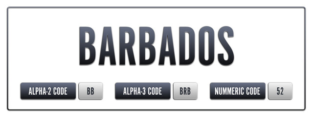 Barbados. Illustration with ISO 3166-1 Country Code.  ISO Alpha-2, Alpha-3 and Numeric code. Two three letters and numbers.