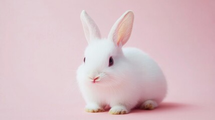 Obraz premium Photo of a little bunny, on a soft pink background Easter theme