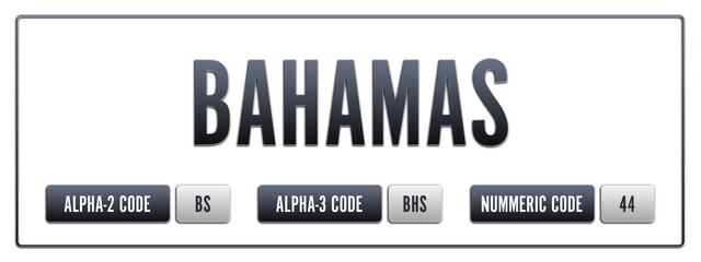 Bahamas. Illustration with ISO 3166-1 Country Code.  ISO Alpha-2, Alpha-3 and Numeric code. Two three letters and numbers.