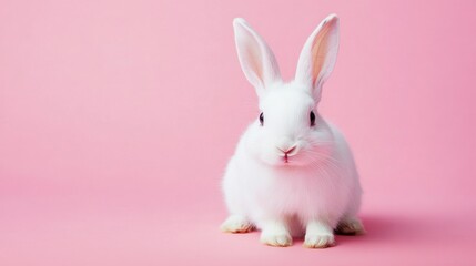 Fototapeta premium Photo of a little bunny, on a soft pink background Easter theme