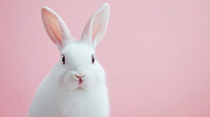 Obraz premium Photo of a little bunny, on a soft pink background Easter theme