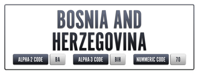 Fototapeta premium Bosnia and Herzegovina. Illustration with ISO 3166-1 Country Code. ISO Alpha-2, Alpha-3 and Numeric code. Two three letters and numbers.