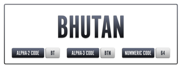 Bhutan. Illustration with ISO 3166-1 Country Code.  ISO Alpha-2, Alpha-3 and Numeric code. Two three letters and numbers.
