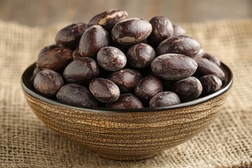 Obraz premium Close-Up View of Shea Nuts in a Bowl Against an Elegant Background, Perfect for Beauty and Body Care Themes