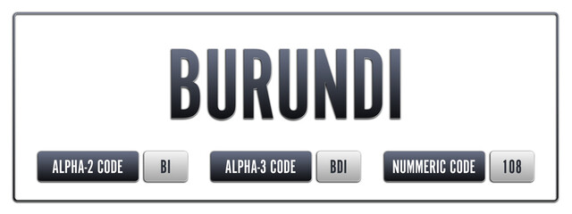 Burundi. Illustration with ISO 3166-1 Country Code.  ISO Alpha-2, Alpha-3 and Numeric code. Two three letters and numbers.