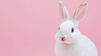 Obraz premium Photo of a little bunny, on a soft pink background Easter theme