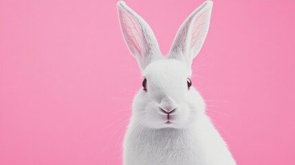 Obraz premium Photo of a little bunny, on a soft pink background Easter theme