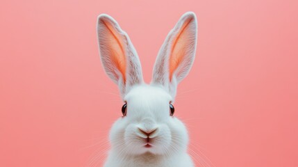 Obraz premium Photo of a little bunny, on a soft pink background Easter theme