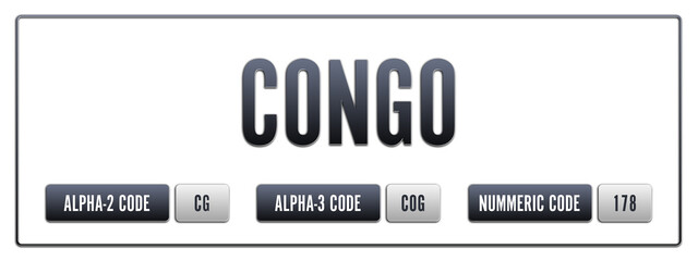 Congo. Illustration with ISO 3166-1 Country Code.  ISO Alpha-2, Alpha-3 and Numeric code. Two three letters and numbers.