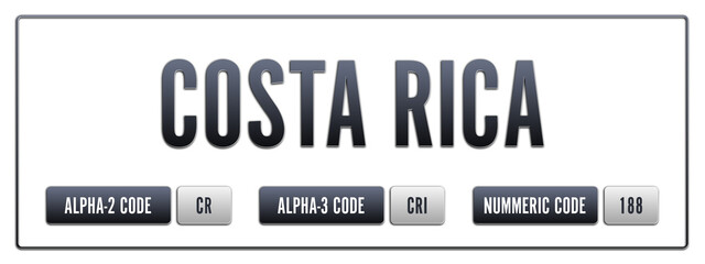 Costa Rica. Illustration with ISO 3166-1 Country Code.  ISO Alpha-2, Alpha-3 and Numeric code. Two three letters and numbers.
