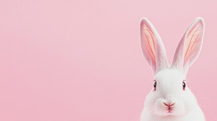 Obraz premium Photo of a little bunny, on a soft pink background Easter theme