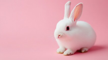 Photo of a little bunny, on a soft pink background Easter theme