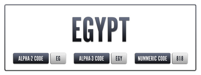 Egypt. Illustration with ISO 3166-1 Country Code.  ISO Alpha-2, Alpha-3 and Numeric code. Two three letters and numbers.