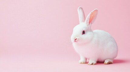 Obraz premium Photo of a little bunny, on a soft pink background Easter theme