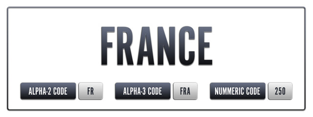 France. Illustration with ISO 3166-1 Country Code.  ISO Alpha-2, Alpha-3 and Numeric code. Two three letters and numbers.