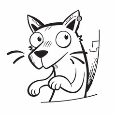 Cat comic black and white sketch vector illustration, doodle style. Black line art. Stick cartoon vector 