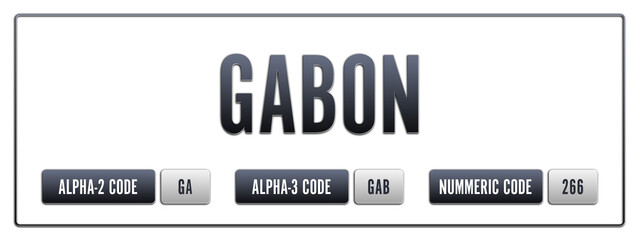 Gabon. Illustration with ISO 3166-1 Country Code.  ISO Alpha-2, Alpha-3 and Numeric code. Two three letters and numbers.