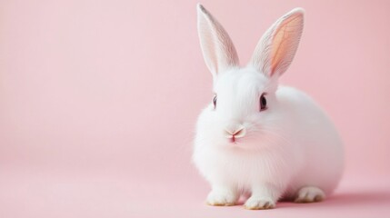 Obraz premium Photo of a little bunny, on a soft pink background Easter theme